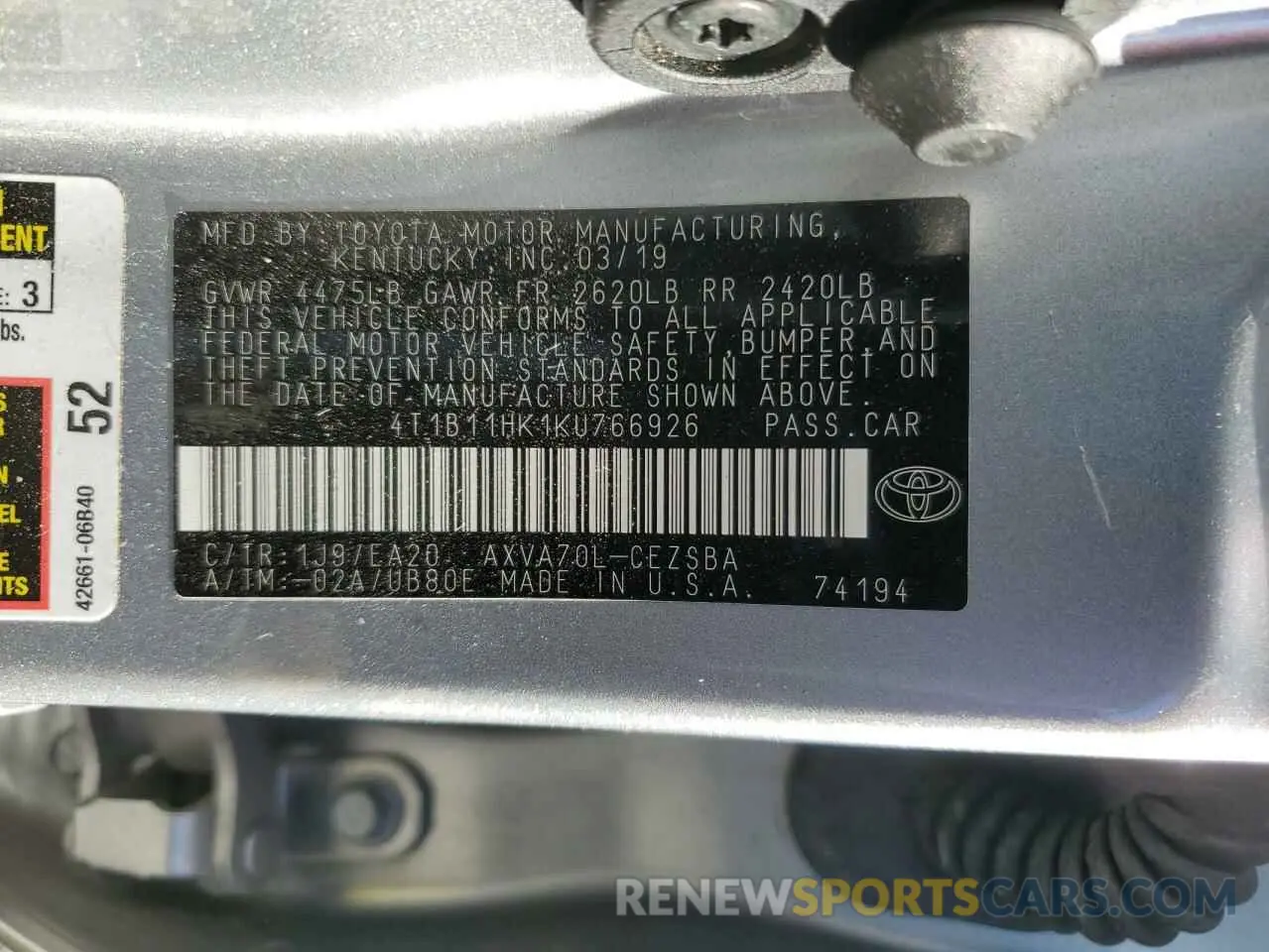 13 fotografías del automóvil dañado 4T1B11HK1KU766926 TOYOTA CAMRY 2019