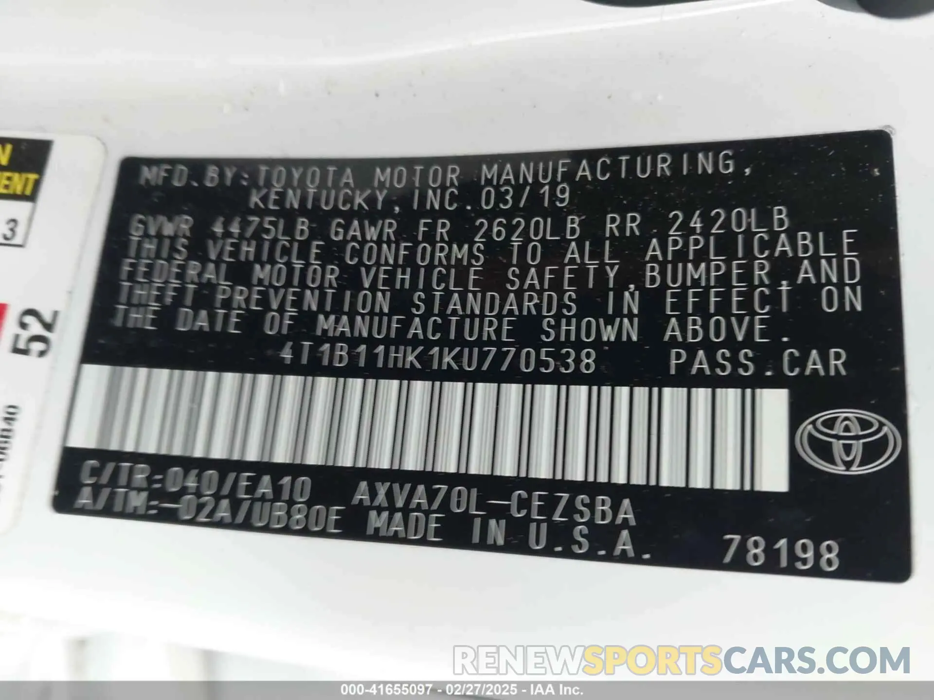 9 fotografías del automóvil dañado 4T1B11HK1KU770538 TOYOTA CAMRY 2019