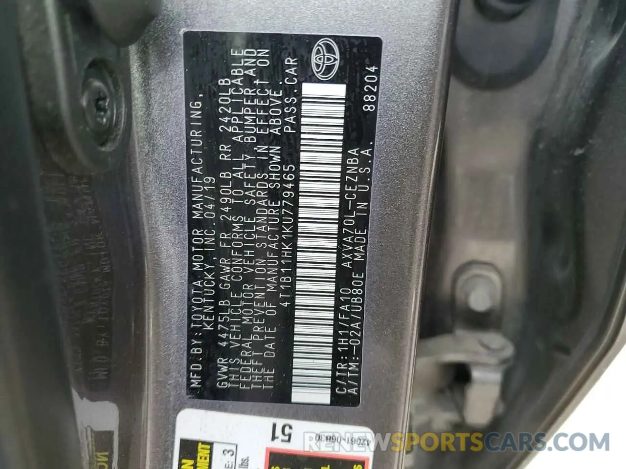 12 fotografías del automóvil dañado 4T1B11HK1KU779465 TOYOTA CAMRY 2019