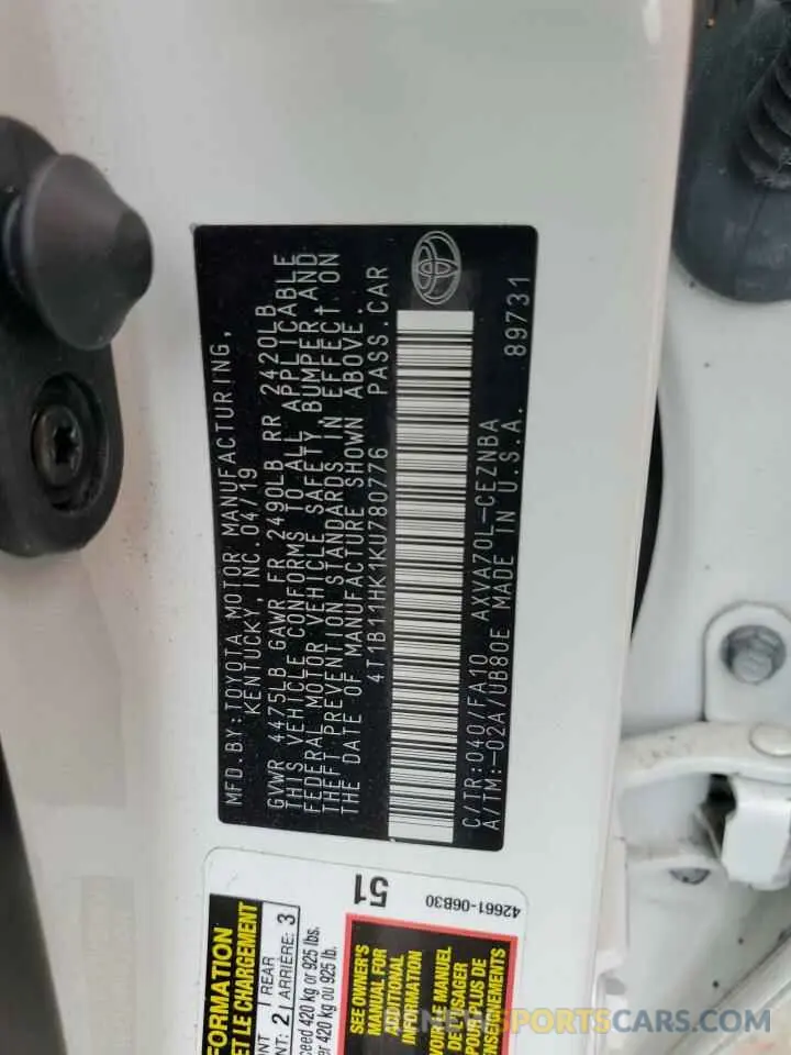12 fotografías del automóvil dañado 4T1B11HK1KU780776 TOYOTA CAMRY 2019