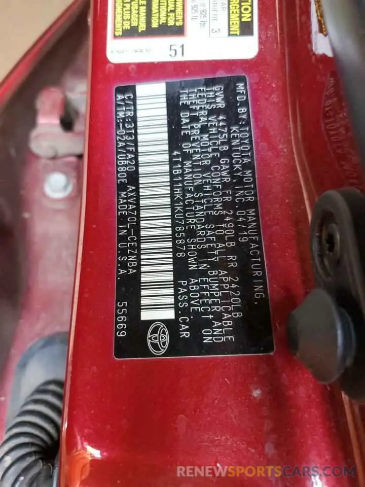 13 fotografías del automóvil dañado 4T1B11HK1KU785878 TOYOTA CAMRY 2019