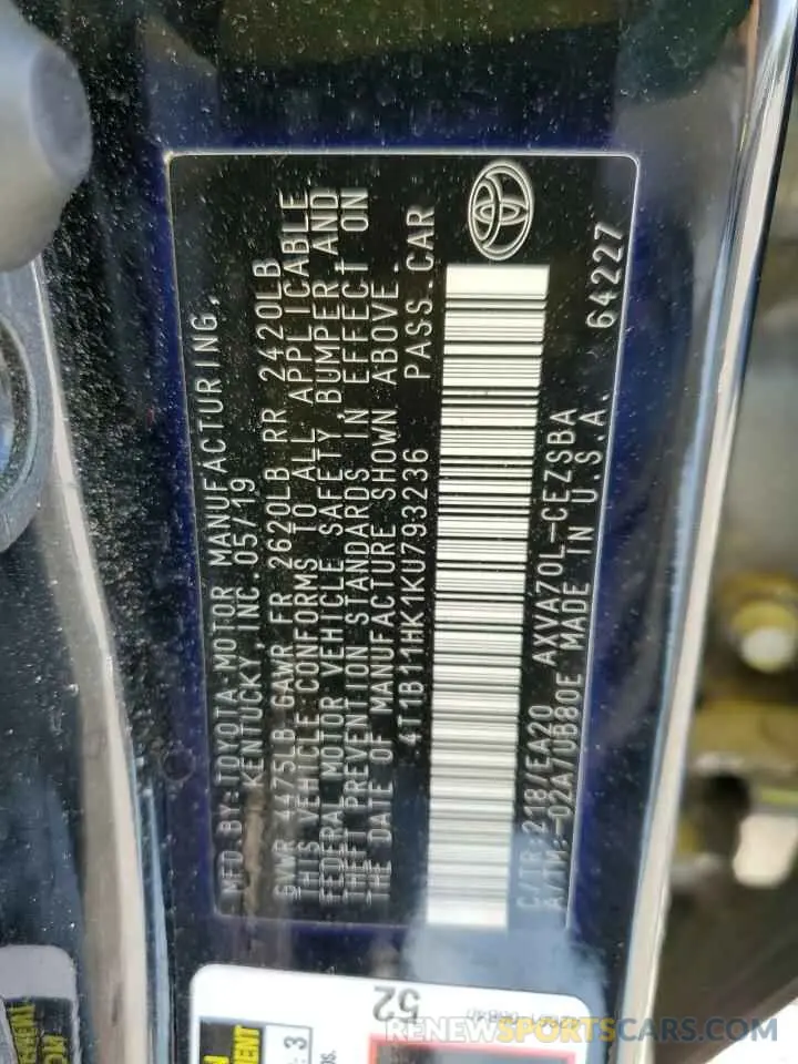 12 fotografías del automóvil dañado 4T1B11HK1KU793236 TOYOTA CAMRY 2019