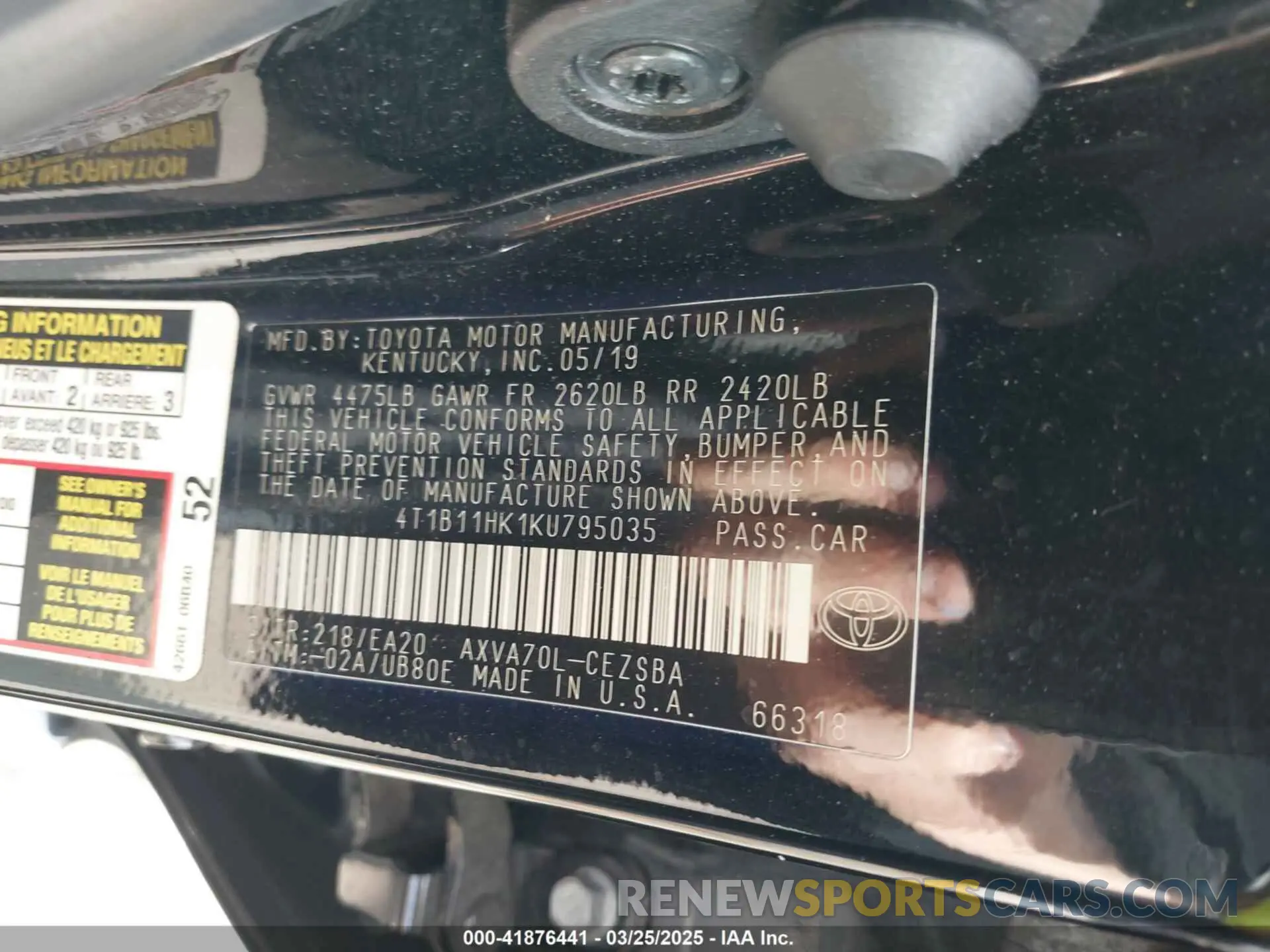 9 fotografías del automóvil dañado 4T1B11HK1KU795035 TOYOTA CAMRY 2019
