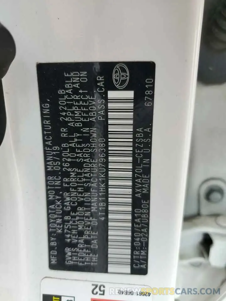 12 fotografías del automóvil dañado 4T1B11HK1KU796380 TOYOTA CAMRY 2019