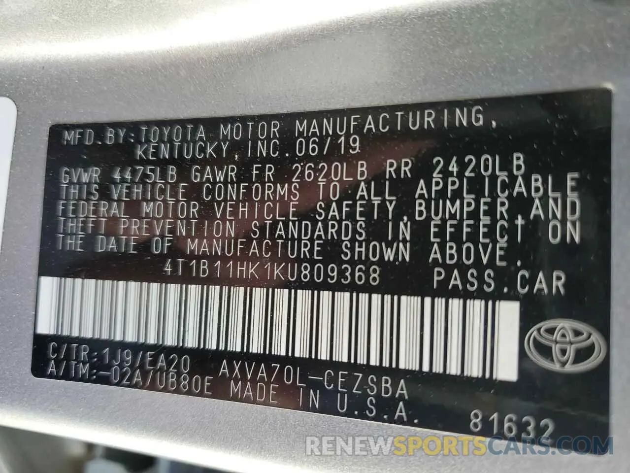 13 fotografías del automóvil dañado 4T1B11HK1KU809368 TOYOTA CAMRY 2019