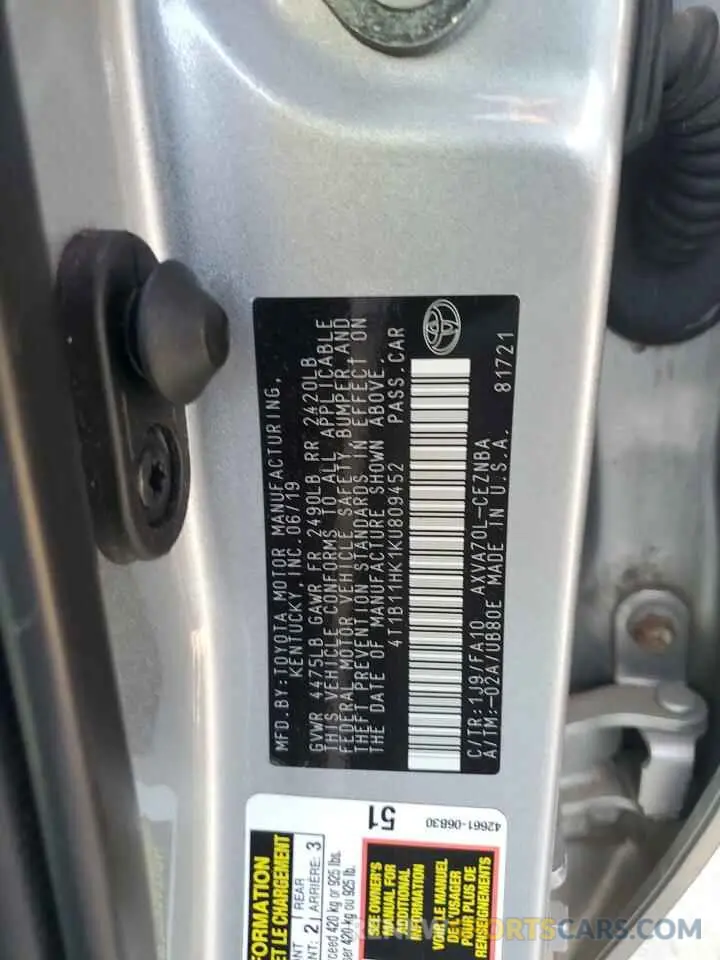 14 fotografías del automóvil dañado 4T1B11HK1KU809452 TOYOTA CAMRY 2019