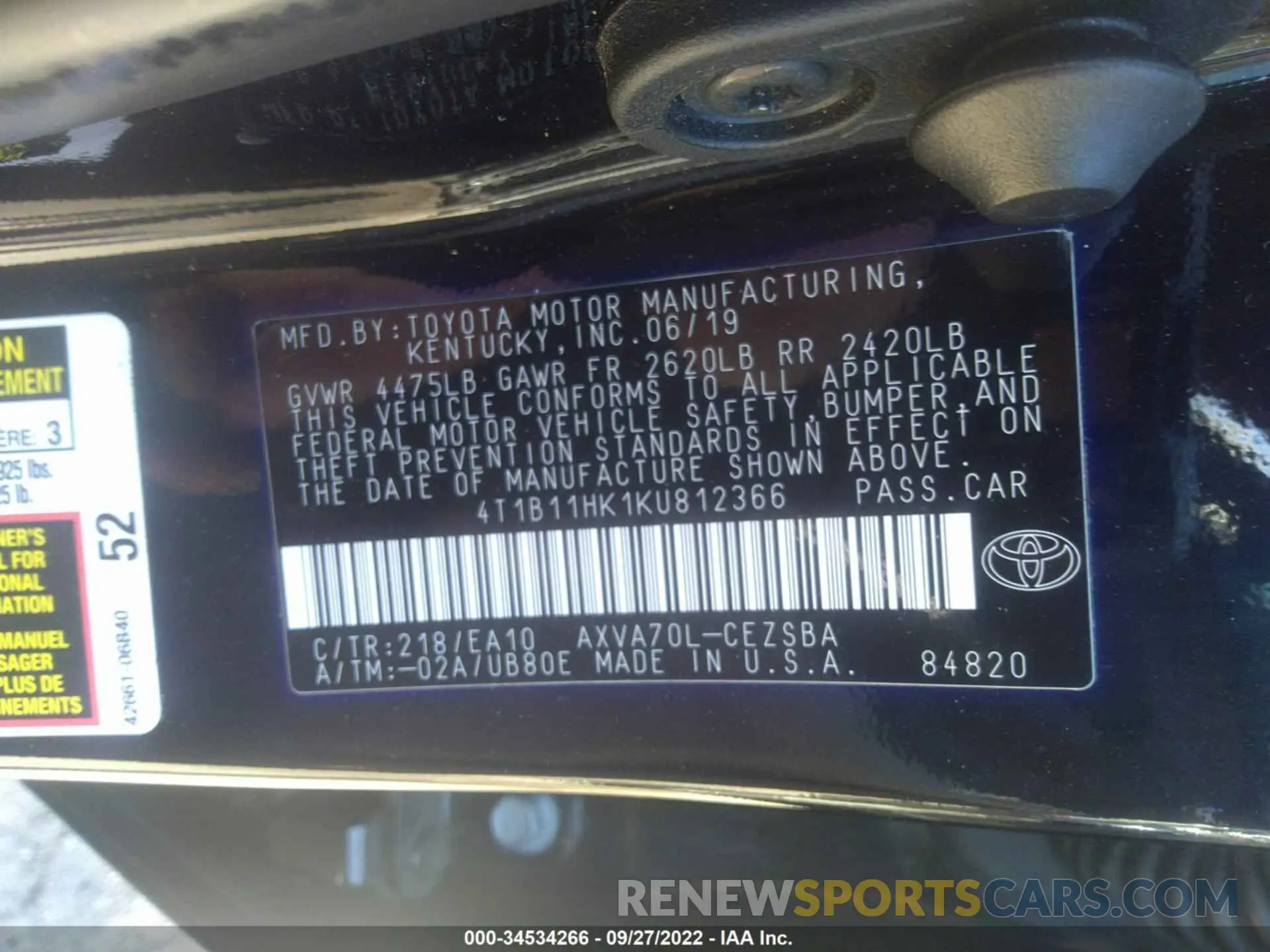 9 fotografías del automóvil dañado 4T1B11HK1KU812366 TOYOTA CAMRY 2019