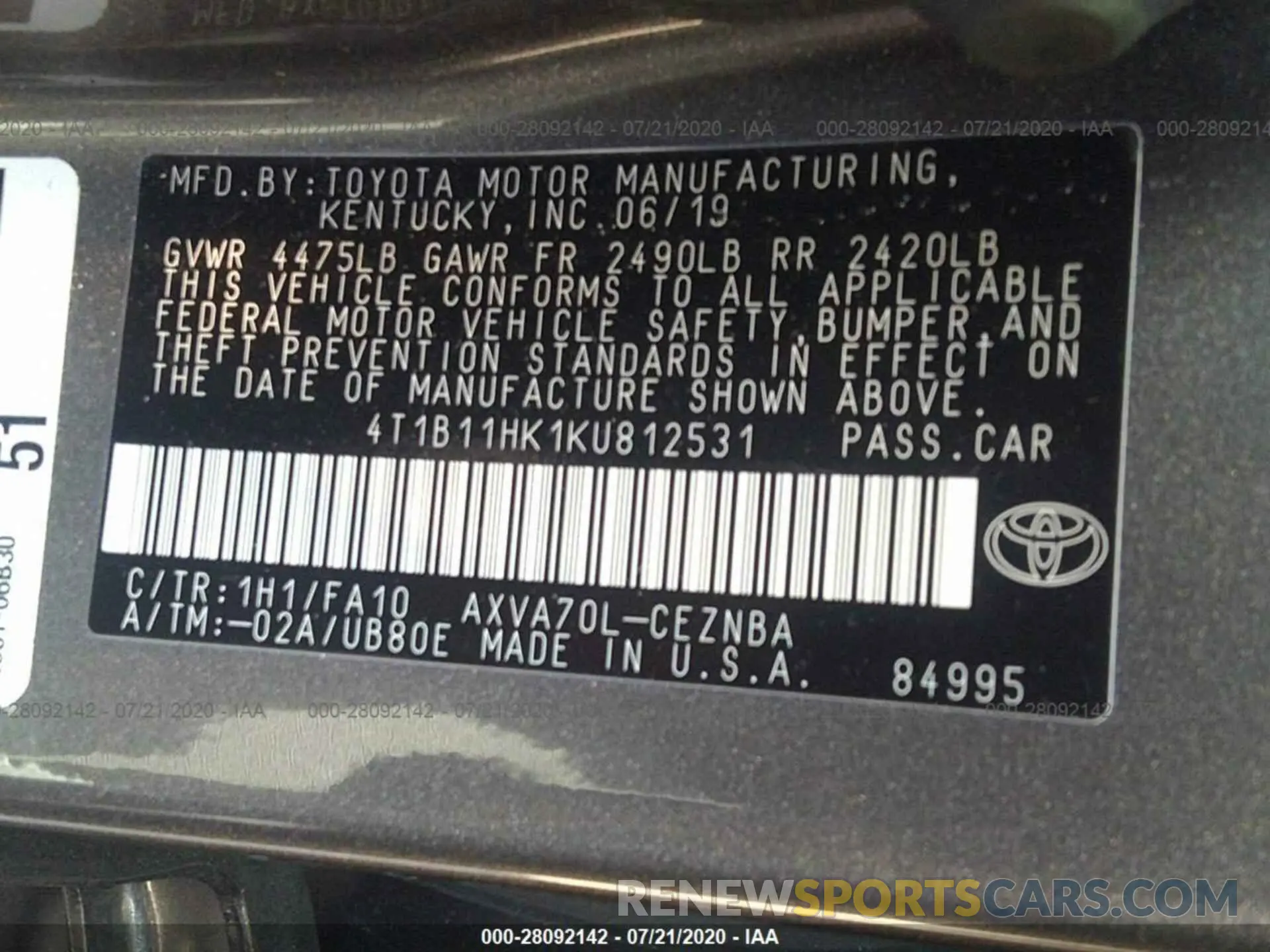 9 fotografías del automóvil dañado 4T1B11HK1KU812531 TOYOTA CAMRY 2019