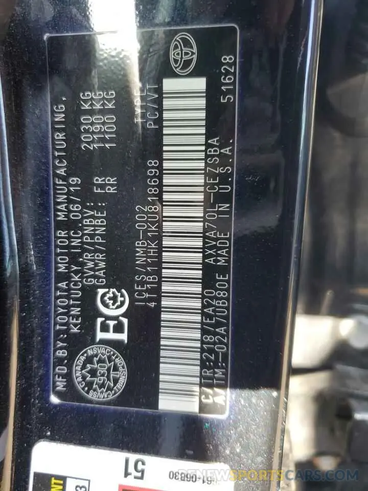 13 fotografías del automóvil dañado 4T1B11HK1KU818698 TOYOTA CAMRY 2019