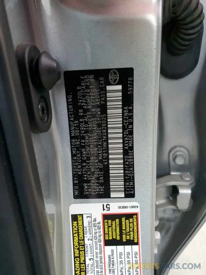 12 fotografías del automóvil dañado 4T1B11HK1KU826025 TOYOTA CAMRY 2019