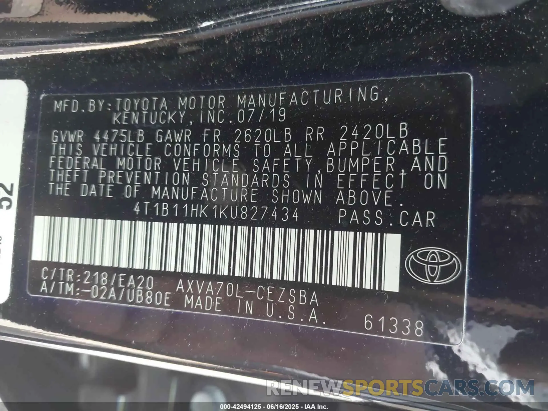 9 fotografías del automóvil dañado 4T1B11HK1KU827434 TOYOTA CAMRY 2019
