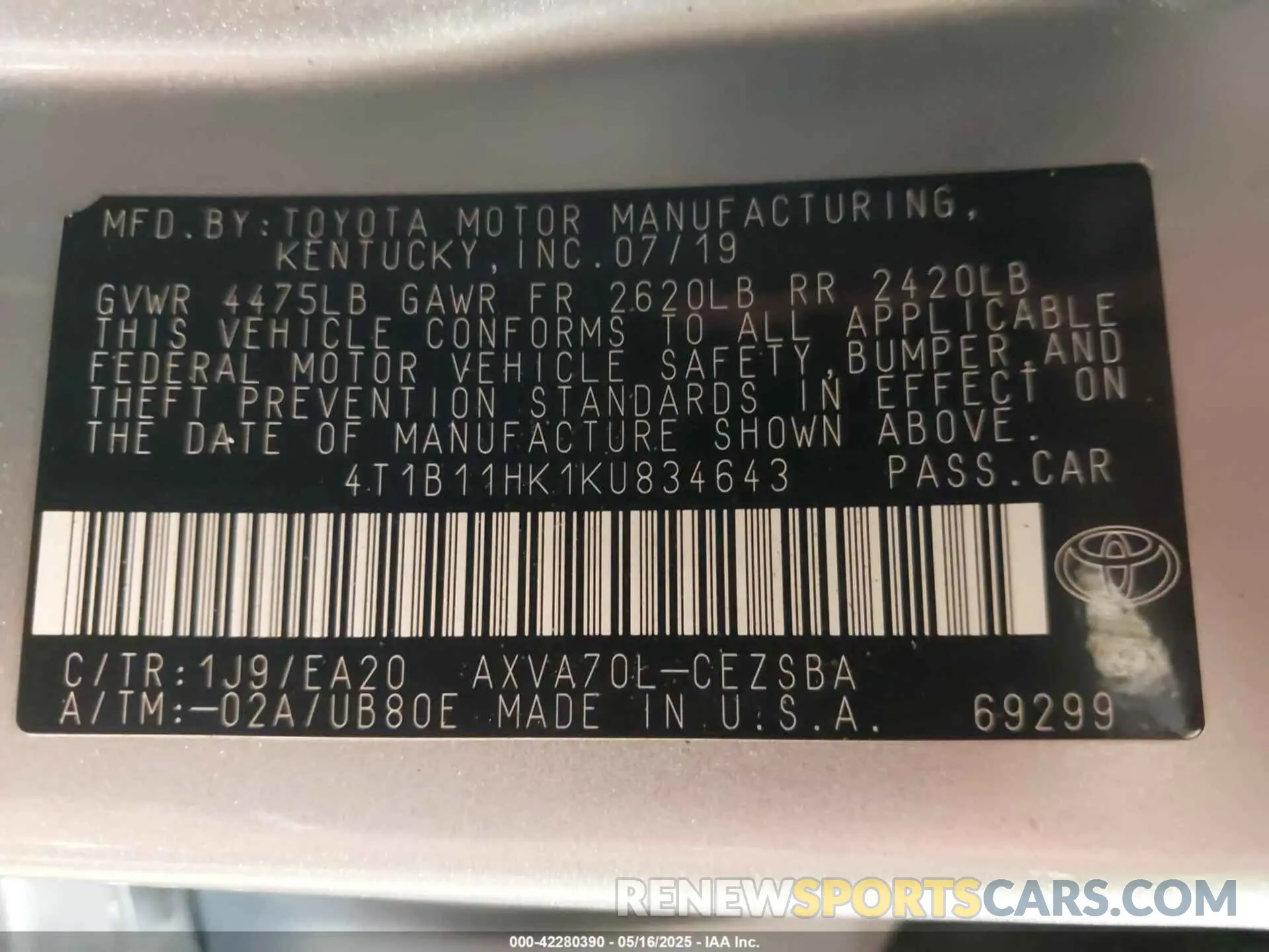 9 fotografías del automóvil dañado 4T1B11HK1KU834643 TOYOTA CAMRY 2019