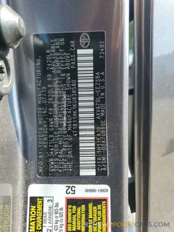 12 fotografías del automóvil dañado 4T1B11HK1KU838580 TOYOTA CAMRY 2019