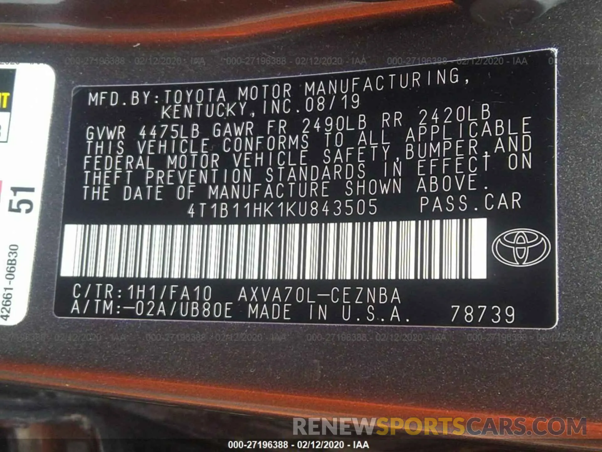 9 fotografías del automóvil dañado 4T1B11HK1KU843505 TOYOTA CAMRY 2019