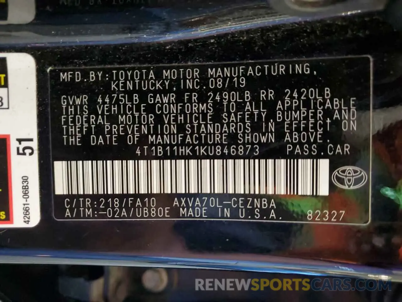 13 fotografías del automóvil dañado 4T1B11HK1KU846873 TOYOTA CAMRY 2019