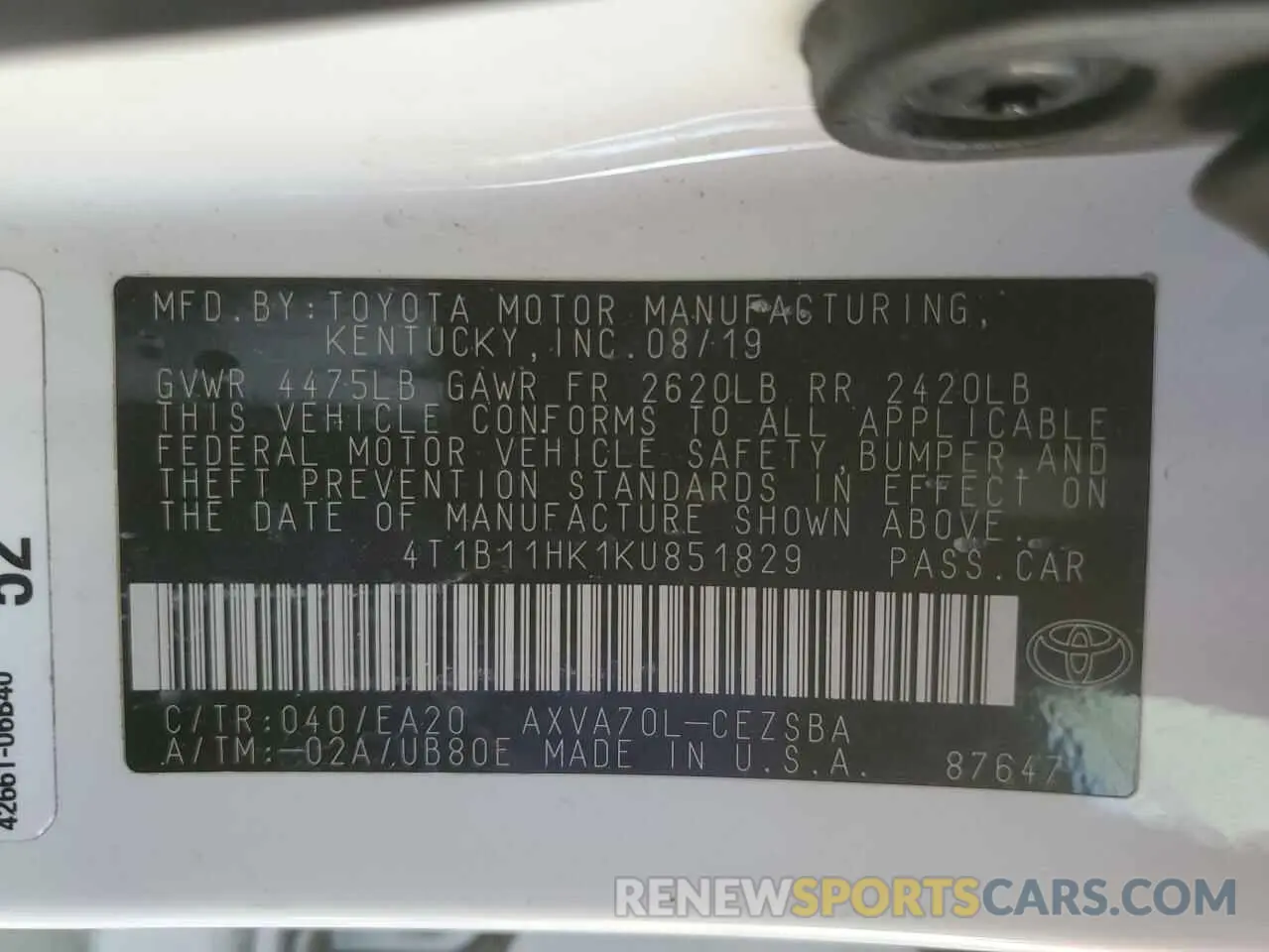 12 fotografías del automóvil dañado 4T1B11HK1KU851829 TOYOTA CAMRY 2019