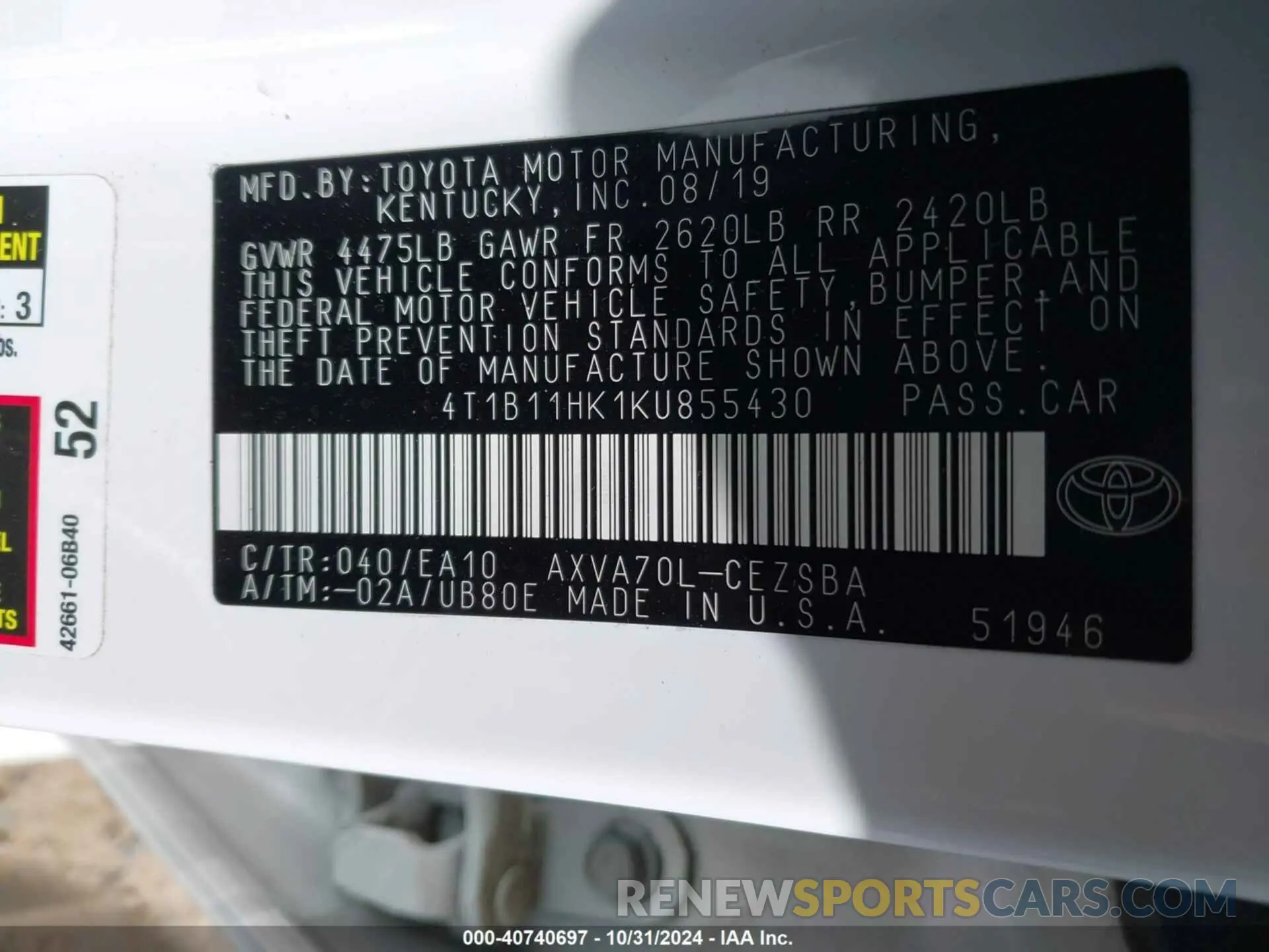 9 fotografías del automóvil dañado 4T1B11HK1KU855430 TOYOTA CAMRY 2019