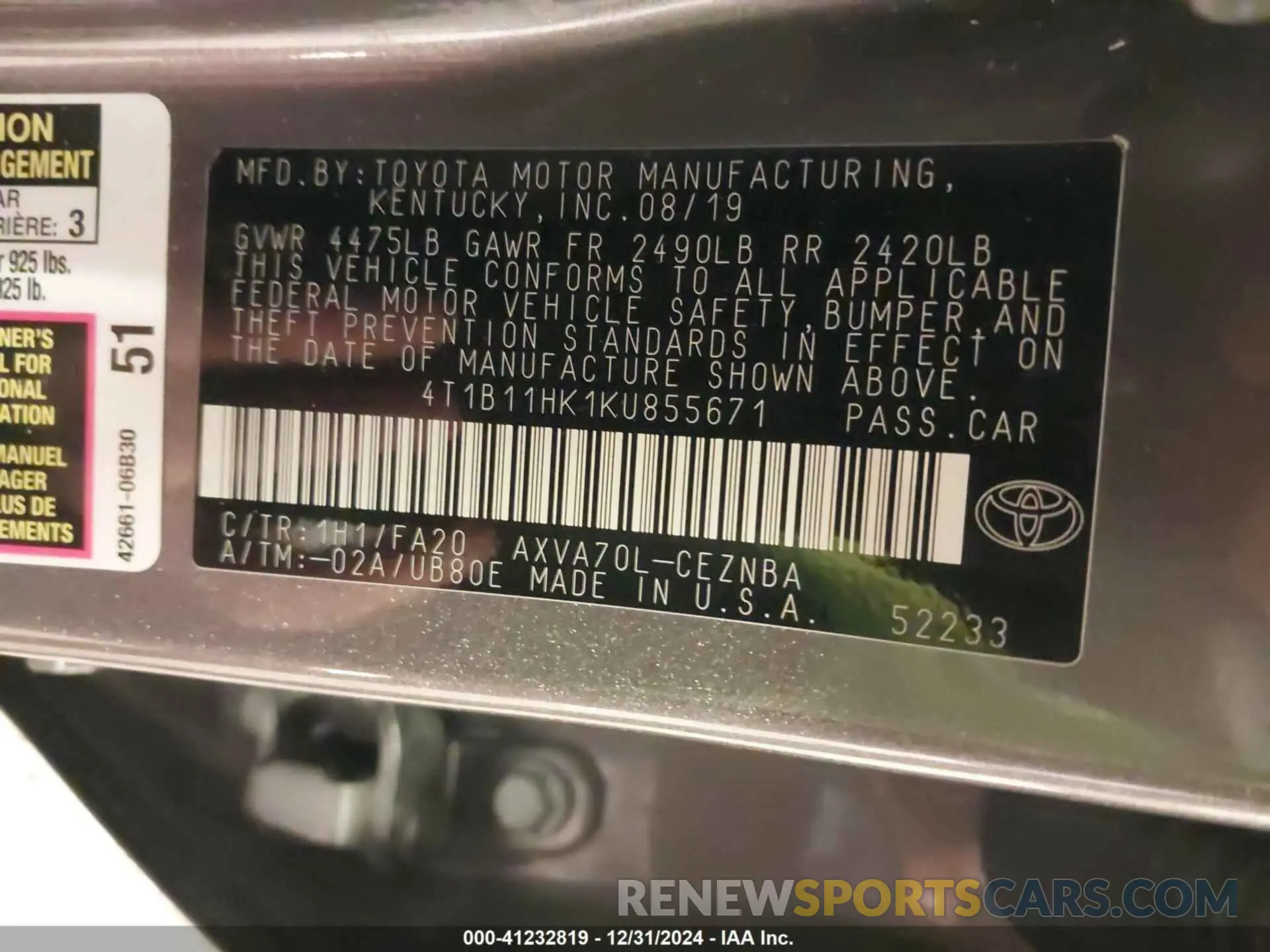 9 fotografías del automóvil dañado 4T1B11HK1KU855671 TOYOTA CAMRY 2019