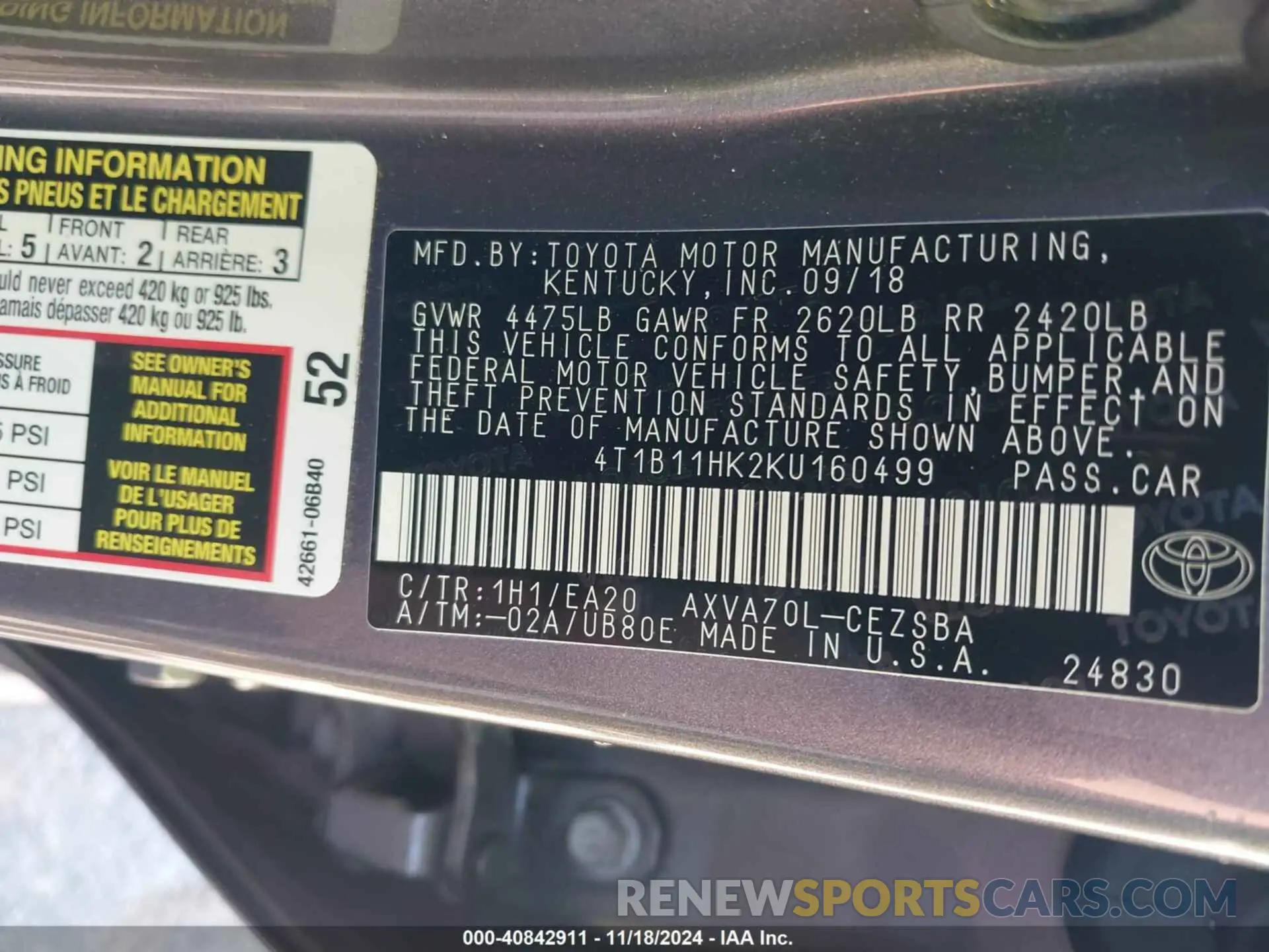 9 fotografías del automóvil dañado 4T1B11HK2KU160499 TOYOTA CAMRY 2019