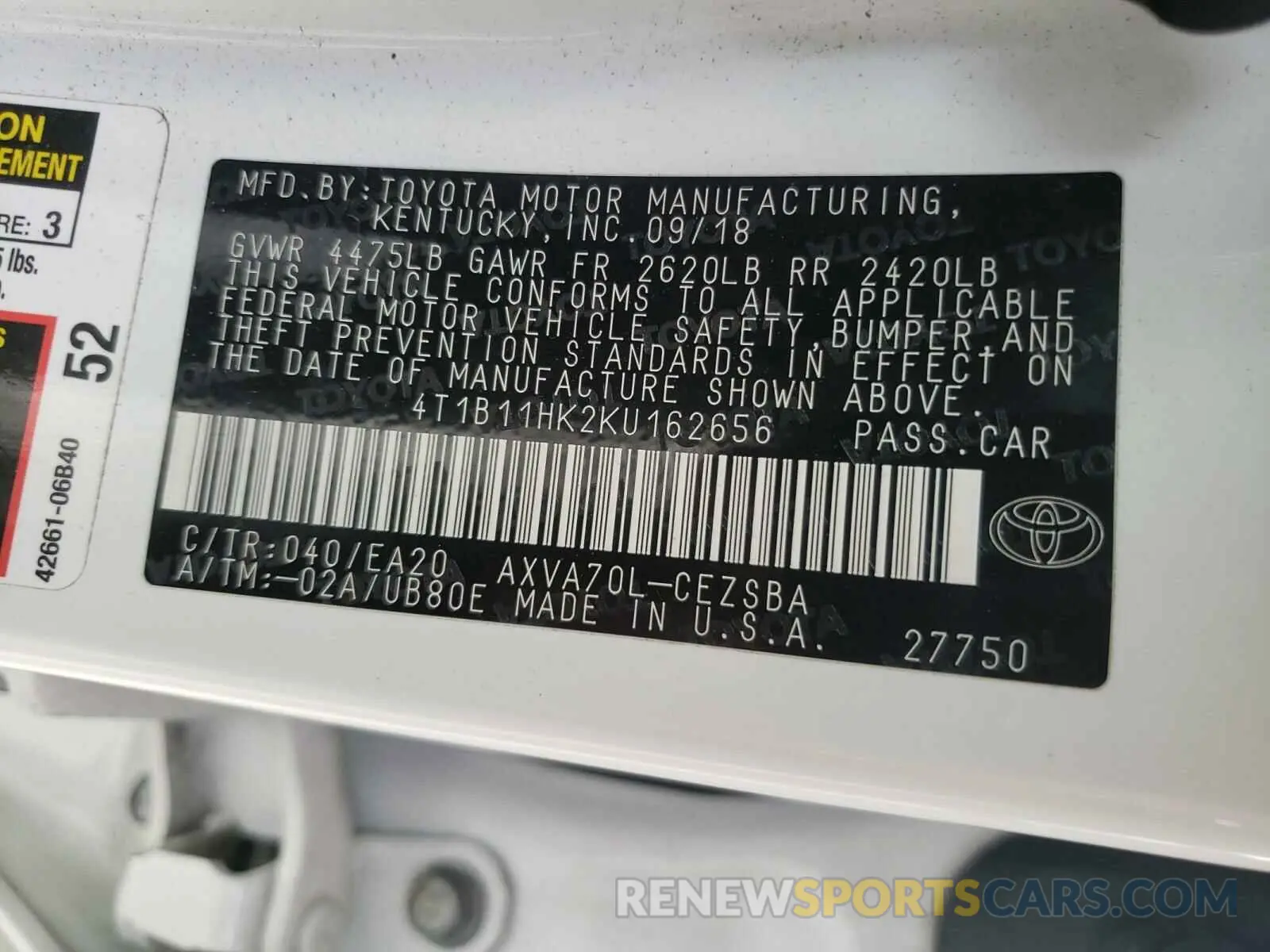 10 fotografías del automóvil dañado 4T1B11HK2KU162656 TOYOTA CAMRY 2019