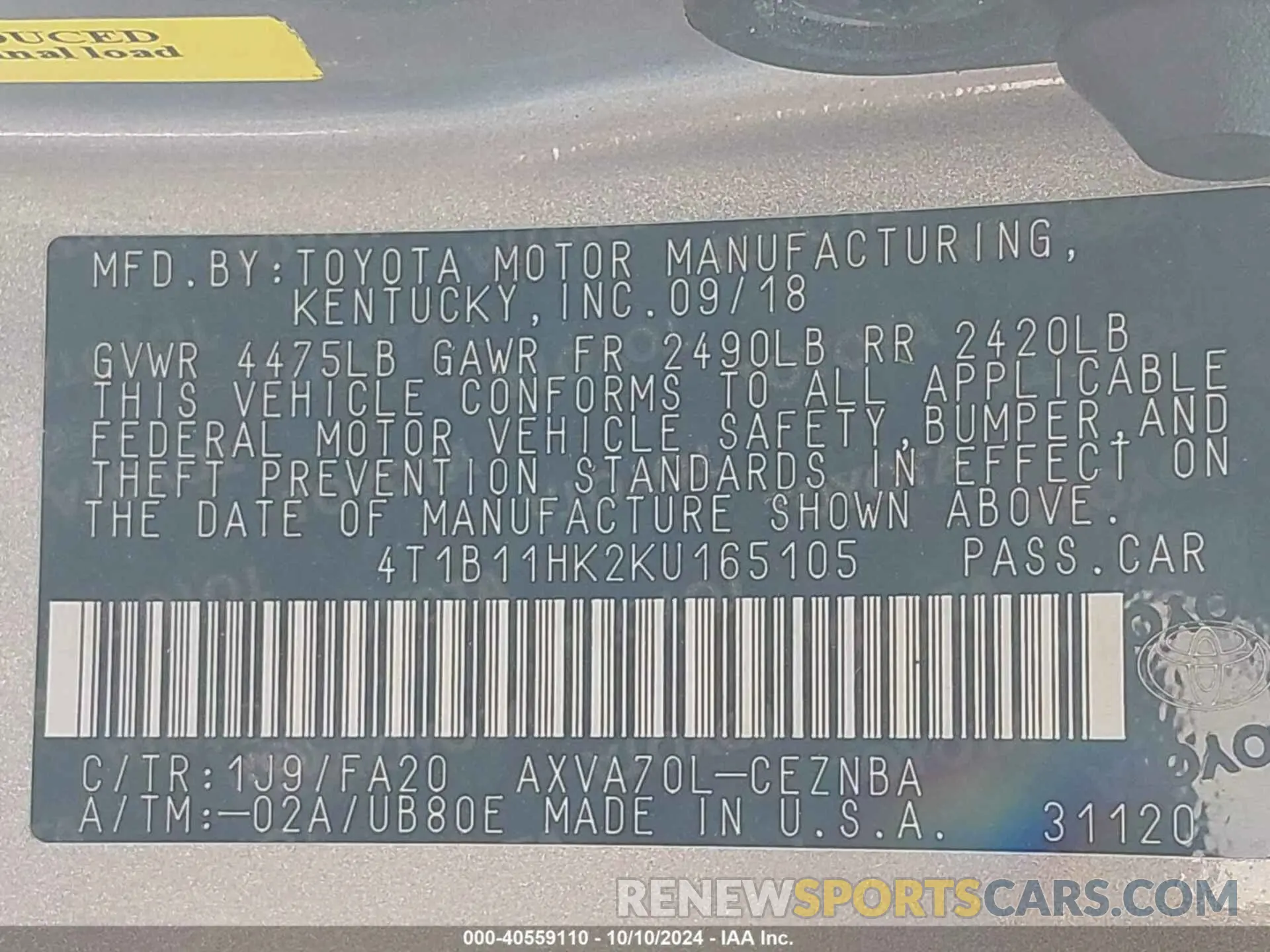 9 fotografías del automóvil dañado 4T1B11HK2KU165105 TOYOTA CAMRY 2019
