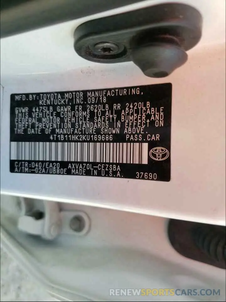 10 fotografías del automóvil dañado 4T1B11HK2KU169686 TOYOTA CAMRY 2019