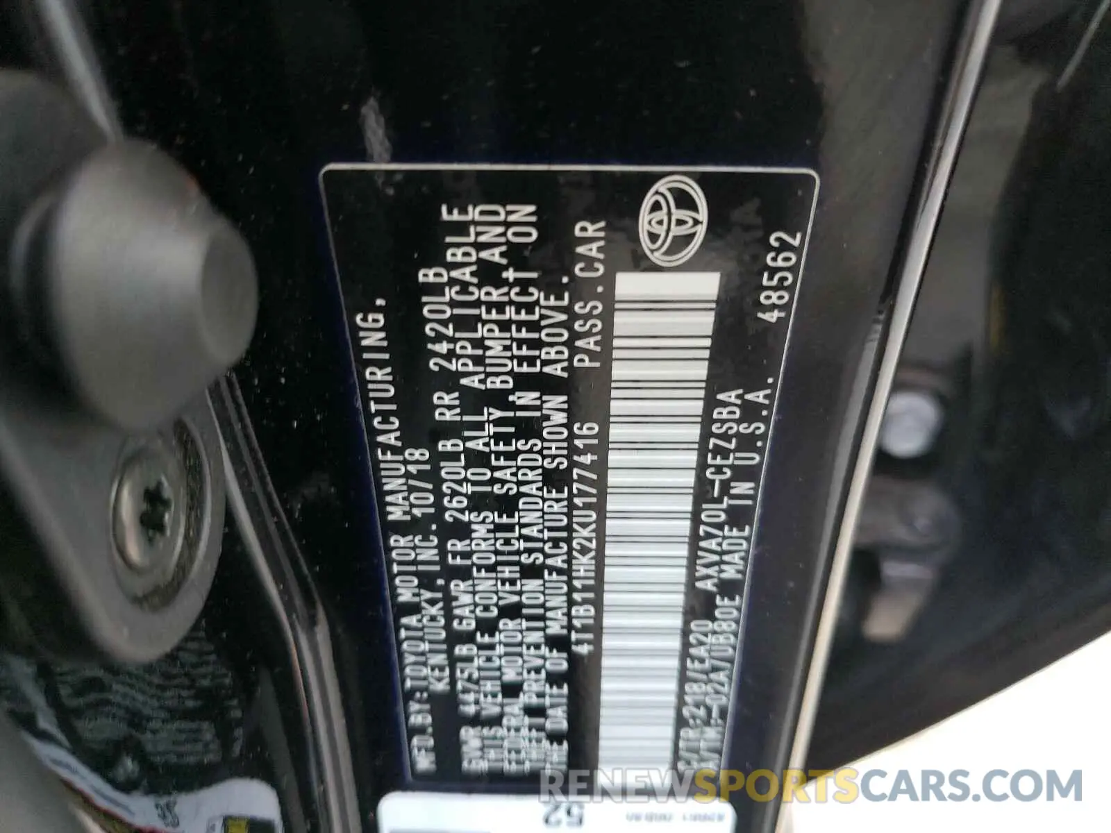 10 fotografías del automóvil dañado 4T1B11HK2KU177416 TOYOTA CAMRY 2019