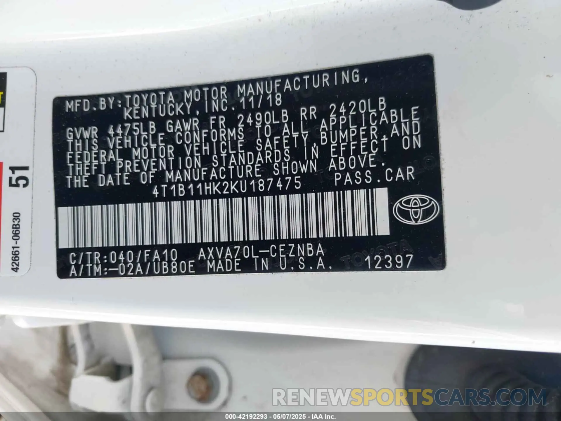 9 fotografías del automóvil dañado 4T1B11HK2KU187475 TOYOTA CAMRY 2019