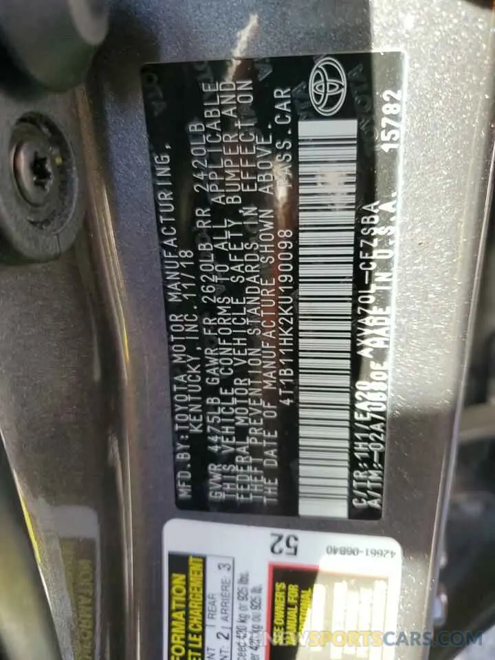 13 fotografías del automóvil dañado 4T1B11HK2KU190098 TOYOTA CAMRY 2019