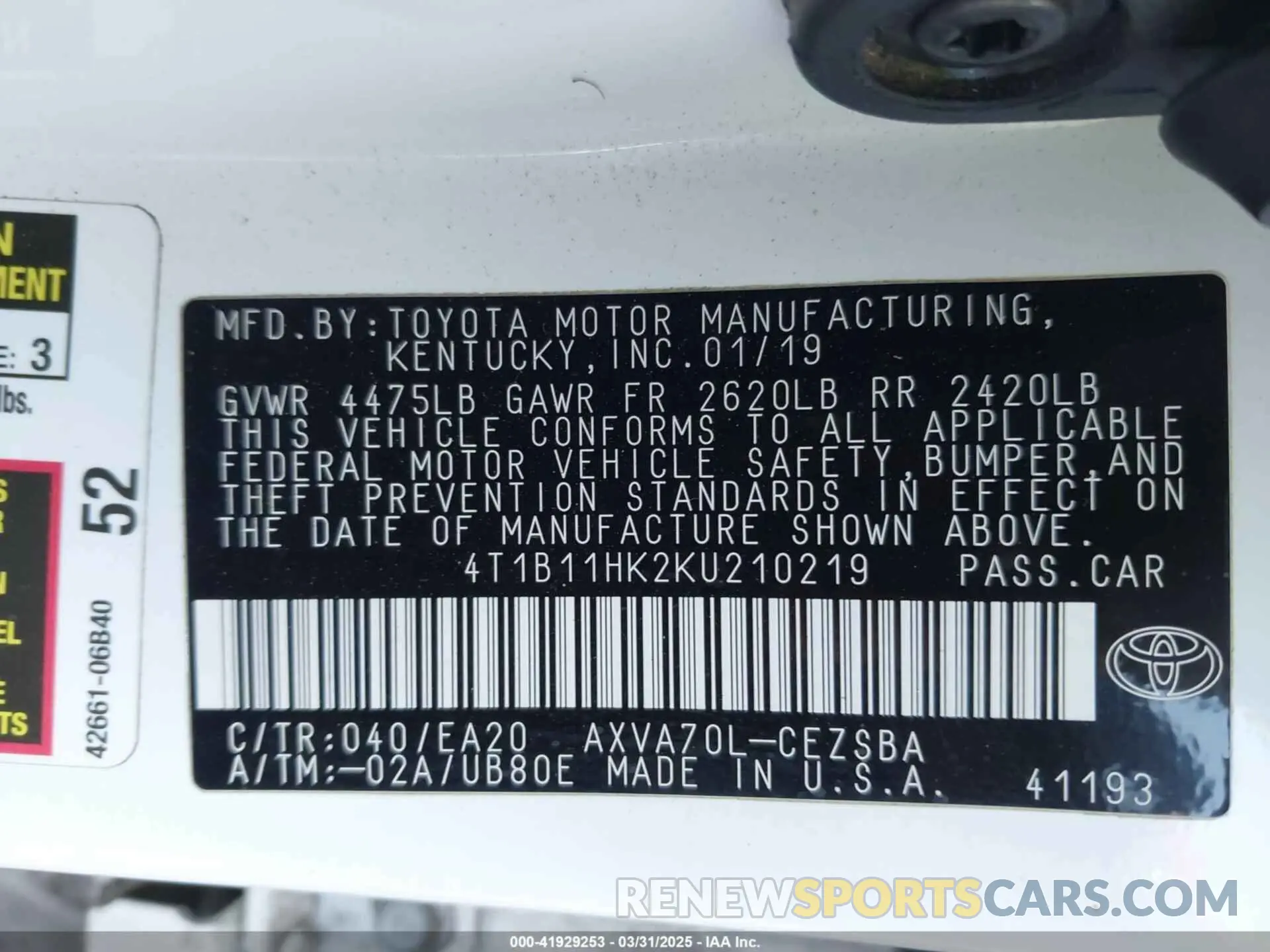9 fotografías del automóvil dañado 4T1B11HK2KU210219 TOYOTA CAMRY 2019