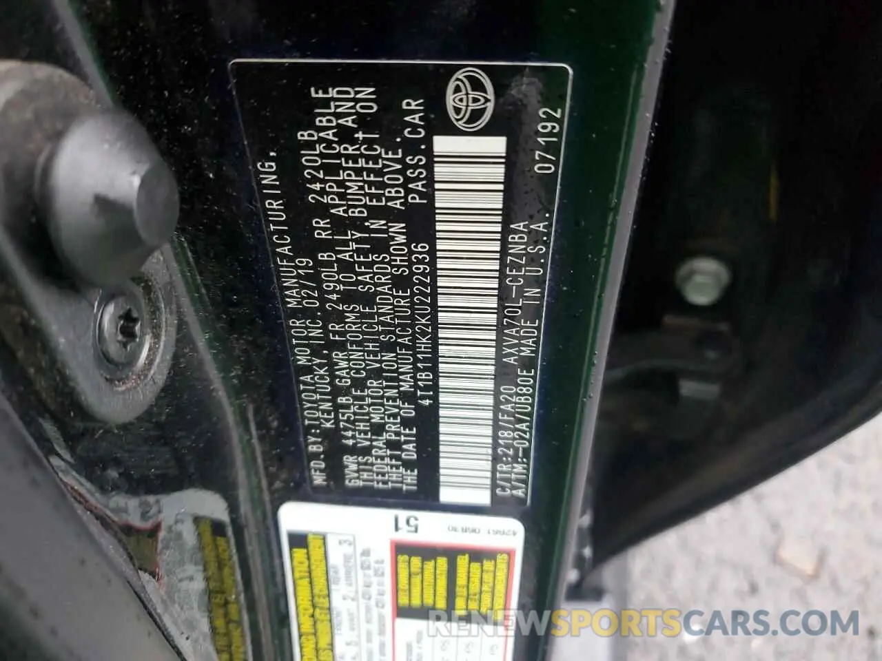14 fotografías del automóvil dañado 4T1B11HK2KU222936 TOYOTA CAMRY 2019
