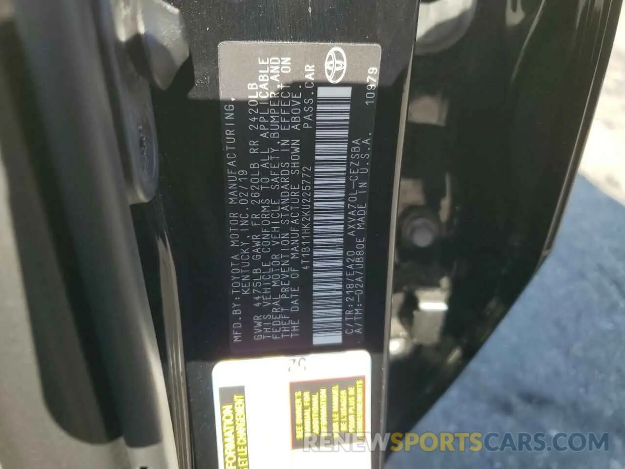 12 fotografías del automóvil dañado 4T1B11HK2KU225772 TOYOTA CAMRY 2019