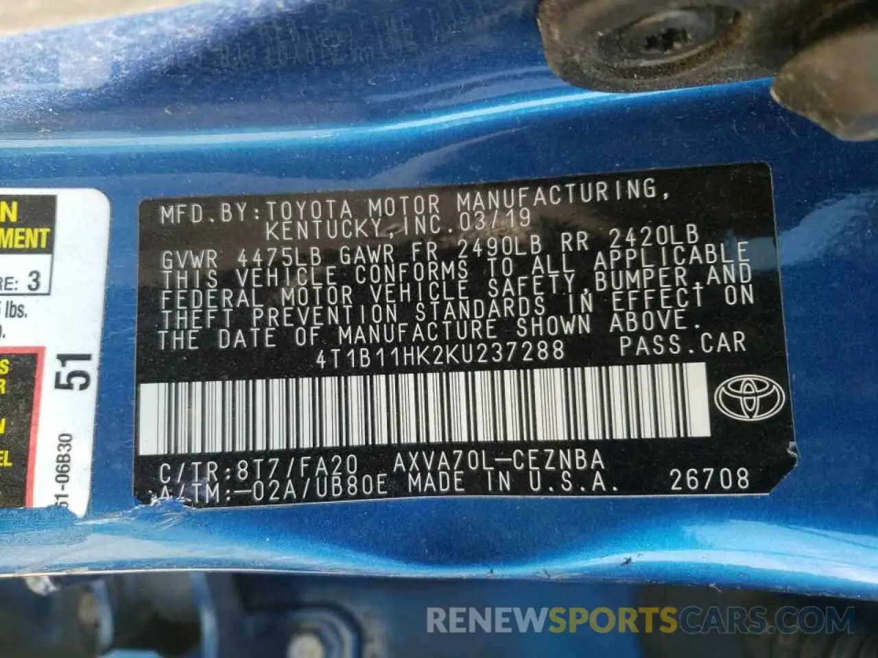 10 fotografías del automóvil dañado 4T1B11HK2KU237288 TOYOTA CAMRY 2019