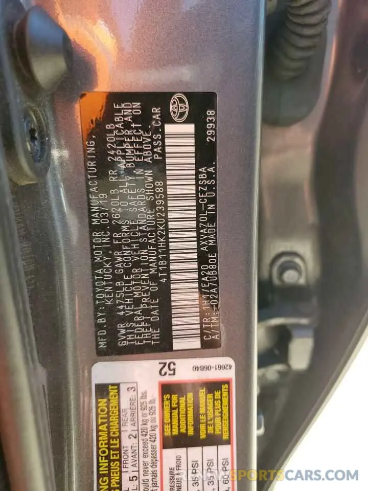 12 fotografías del automóvil dañado 4T1B11HK2KU239588 TOYOTA CAMRY 2019