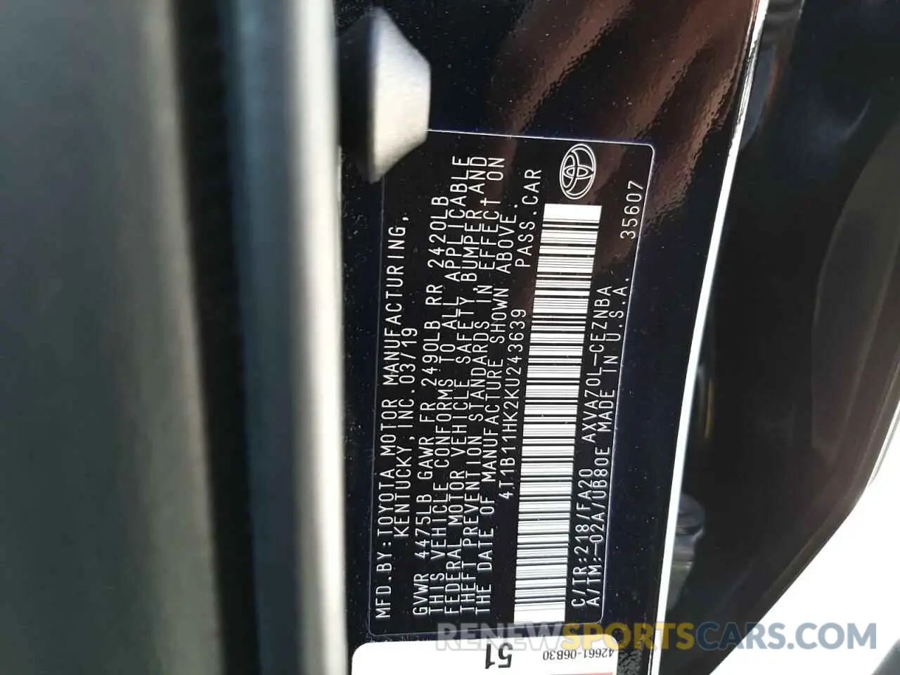 10 fotografías del automóvil dañado 4T1B11HK2KU243639 TOYOTA CAMRY 2019