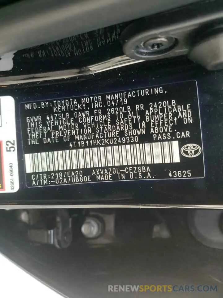 10 fotografías del automóvil dañado 4T1B11HK2KU249330 TOYOTA CAMRY 2019