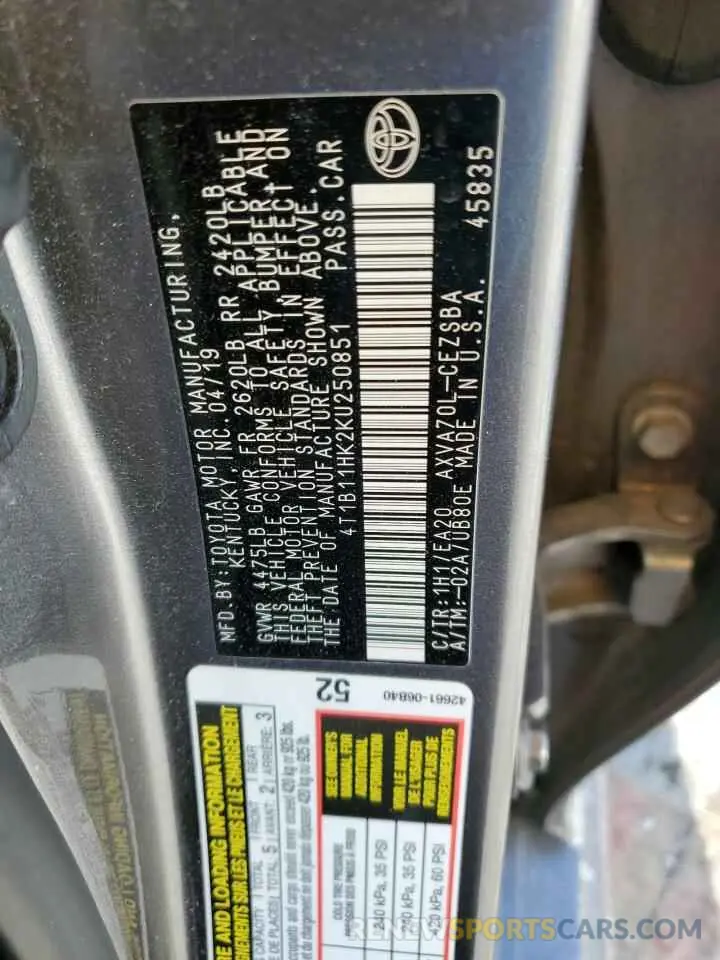 12 fotografías del automóvil dañado 4T1B11HK2KU250851 TOYOTA CAMRY 2019