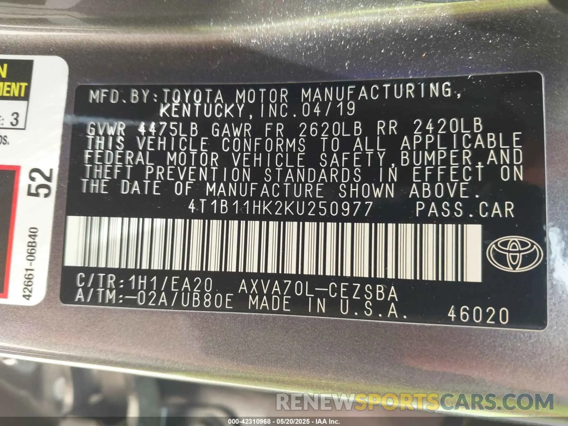 9 fotografías del automóvil dañado 4T1B11HK2KU250977 TOYOTA CAMRY 2019