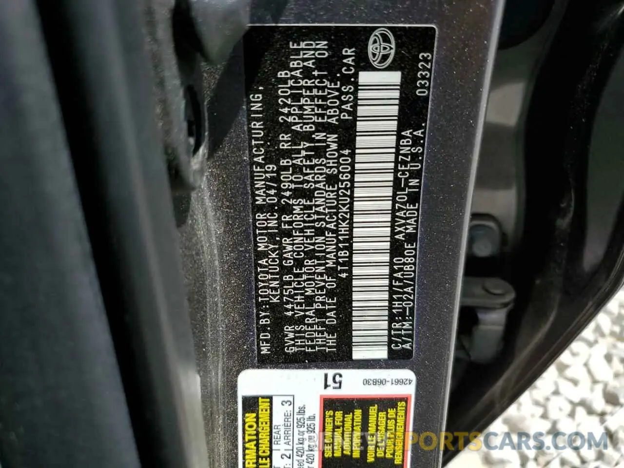 10 fotografías del automóvil dañado 4T1B11HK2KU256004 TOYOTA CAMRY 2019