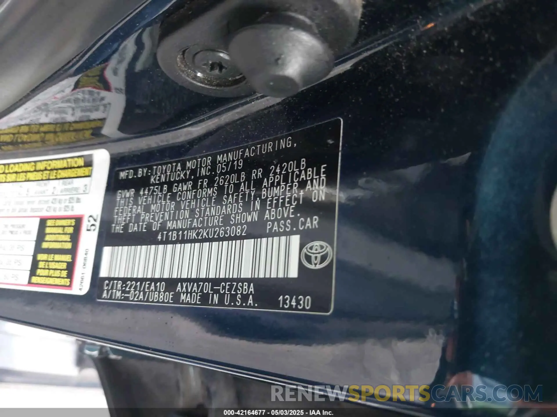 9 fotografías del automóvil dañado 4T1B11HK2KU263082 TOYOTA CAMRY 2019