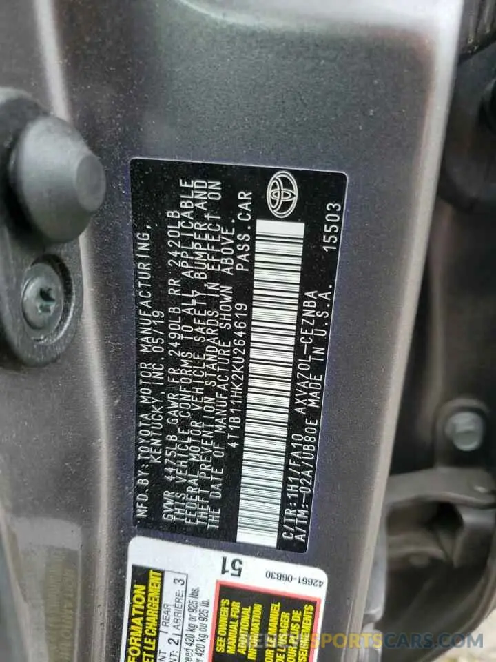 13 fotografías del automóvil dañado 4T1B11HK2KU264619 TOYOTA CAMRY 2019