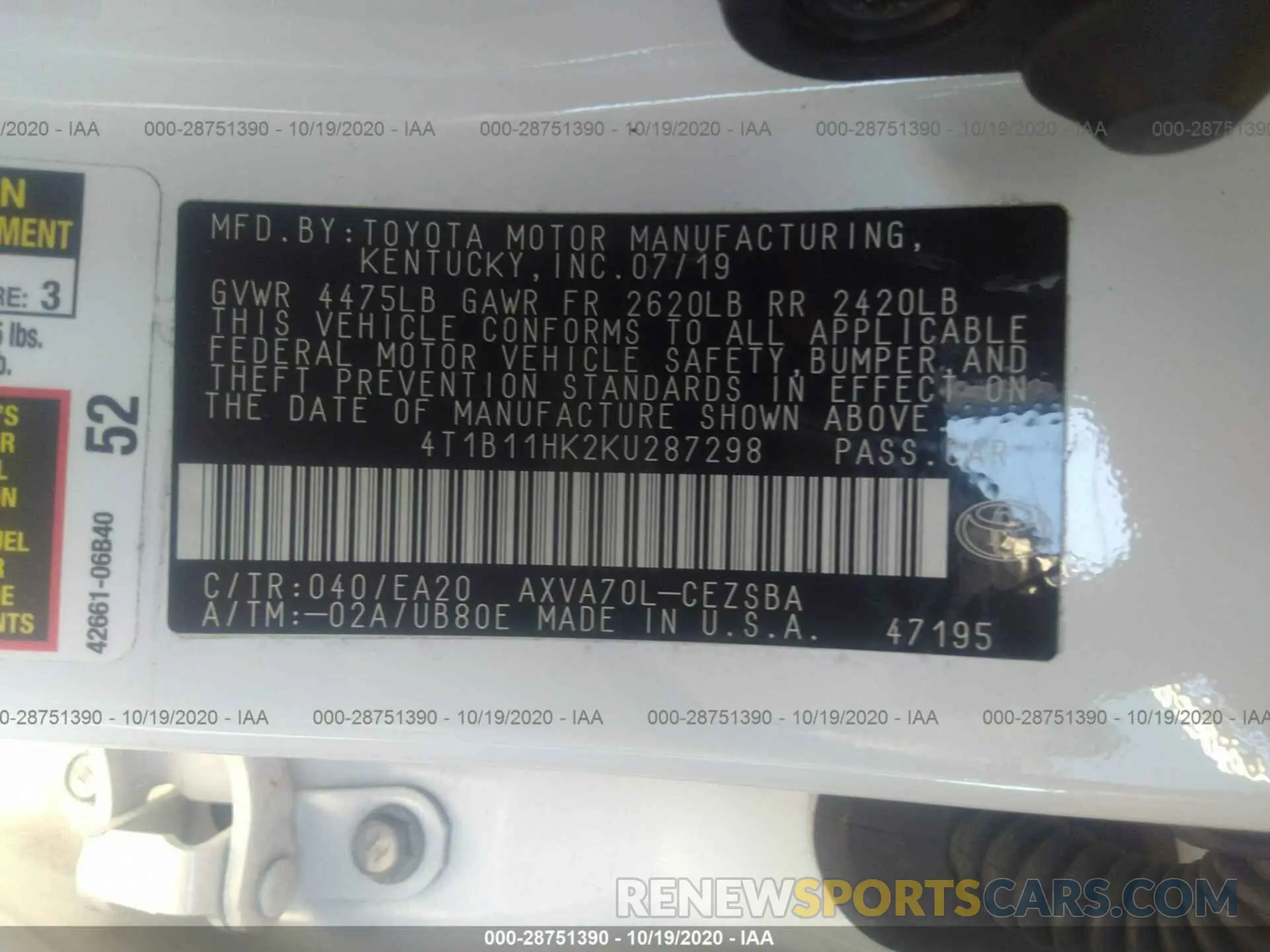 9 fotografías del automóvil dañado 4T1B11HK2KU287298 TOYOTA CAMRY 2019