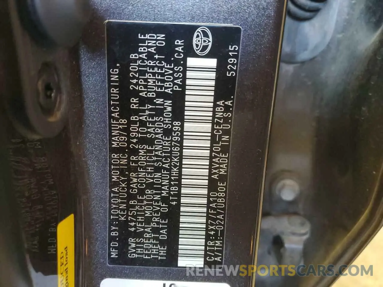14 fotografías del automóvil dañado 4T1B11HK2KU679598 TOYOTA CAMRY 2019