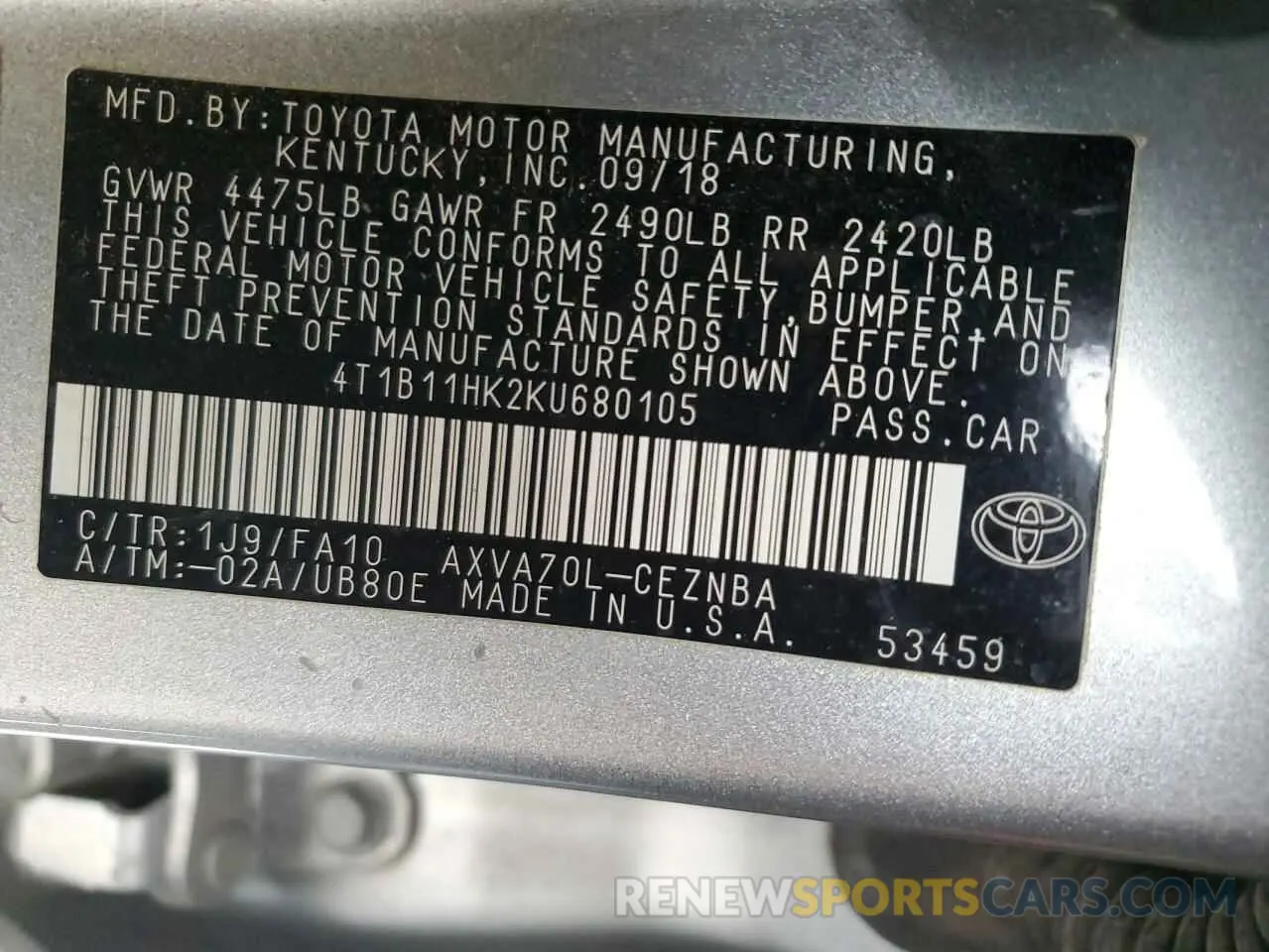 12 fotografías del automóvil dañado 4T1B11HK2KU680105 TOYOTA CAMRY 2019