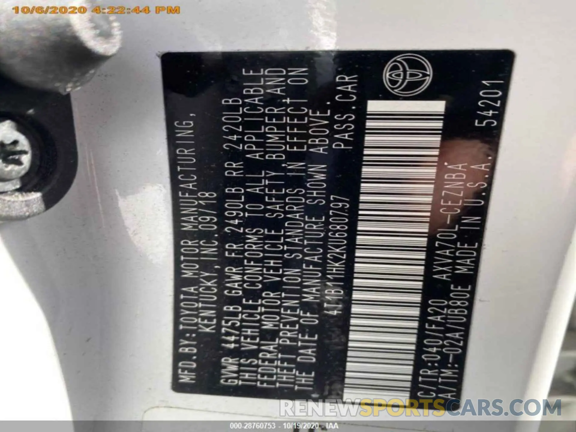 1 fotografías del automóvil dañado 4T1B11HK2KU680797 TOYOTA CAMRY 2019