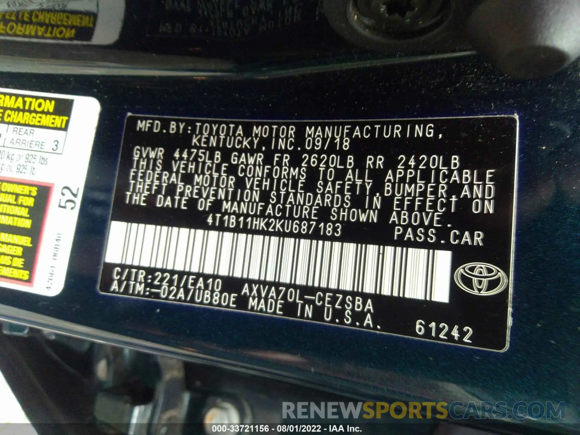 9 fotografías del automóvil dañado 4T1B11HK2KU687183 TOYOTA CAMRY 2019