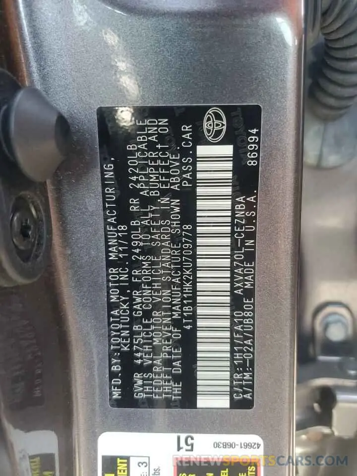 12 fotografías del automóvil dañado 4T1B11HK2KU709778 TOYOTA CAMRY 2019
