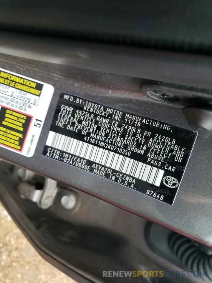 10 fotografías del automóvil dañado 4T1B11HK2KU710350 TOYOTA CAMRY 2019