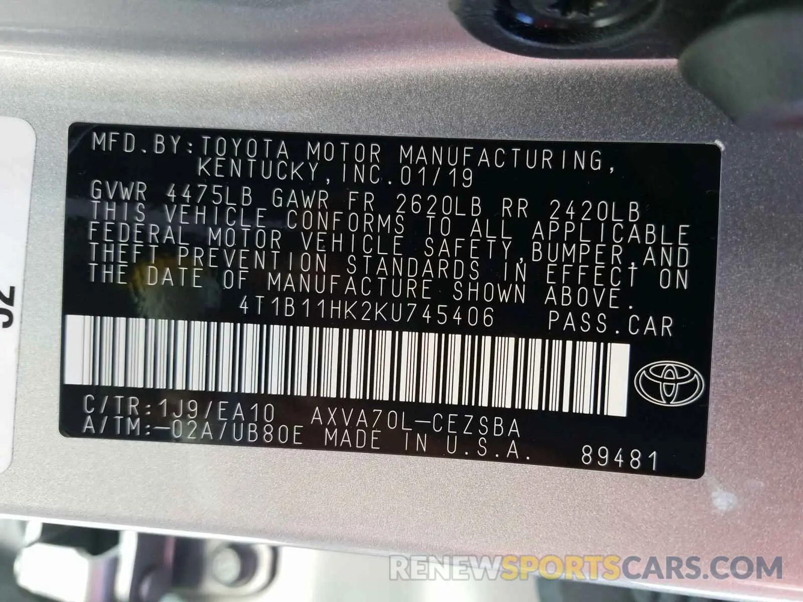 10 fotografías del automóvil dañado 4T1B11HK2KU745406 TOYOTA CAMRY 2019