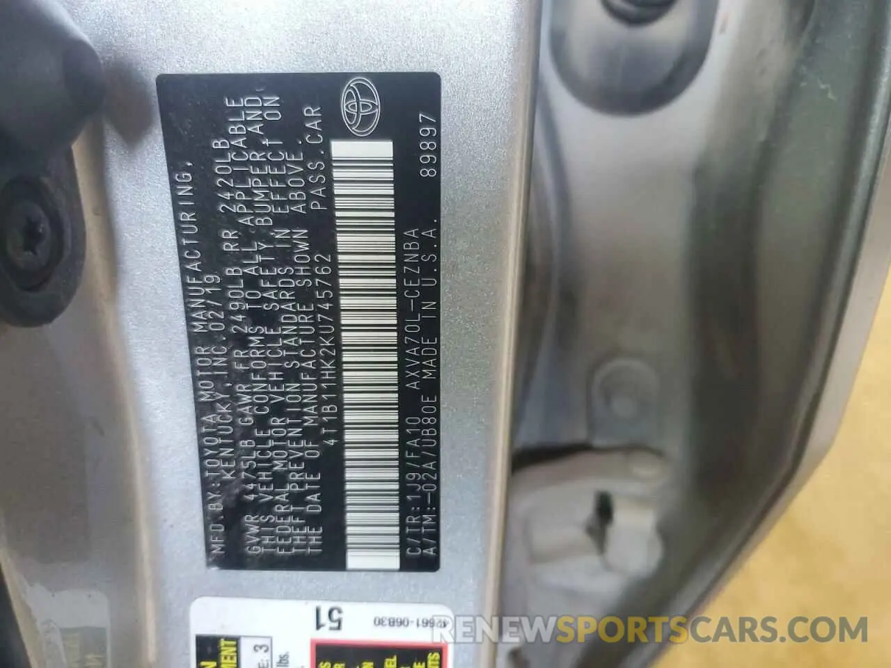 12 fotografías del automóvil dañado 4T1B11HK2KU745762 TOYOTA CAMRY 2019